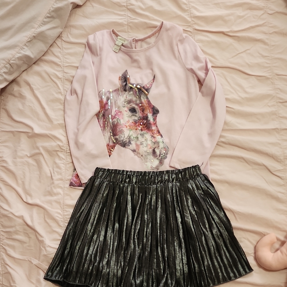 Monsoon Pink Horse Top and Old Navy Black Skirt